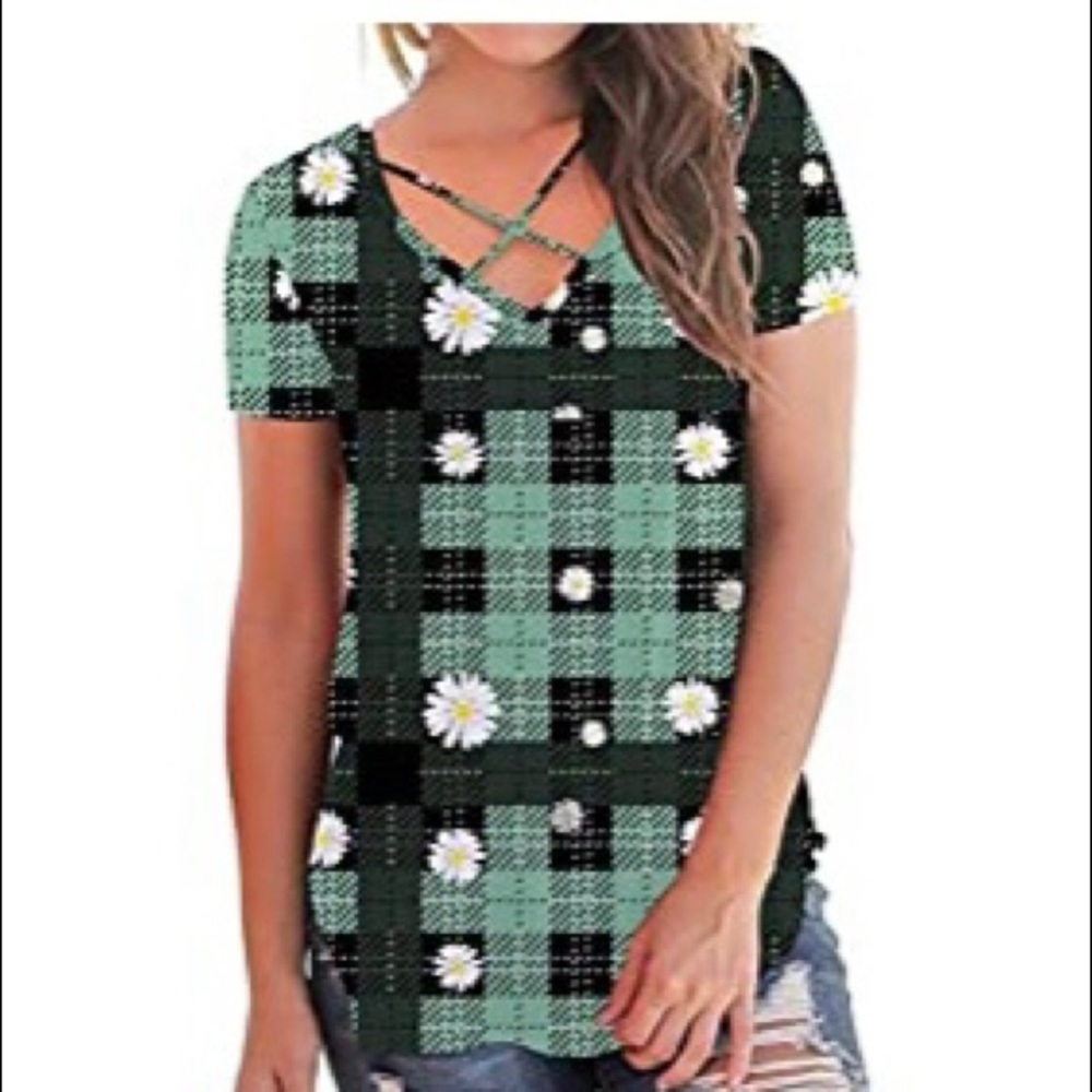 Womans T Shirt Short Sleeves Strappy V Nec